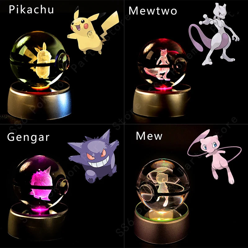 Sfera di Cristallo Pokémon 3D | Lampada LED Notturna Pikachu Gengar Mewtwo