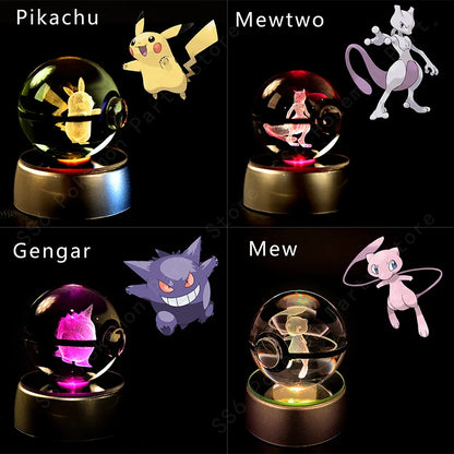 Sfera di Cristallo Pokémon 3D | Lampada LED Notturna Pikachu Gengar Mewtwo